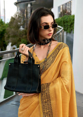 Mustard Yellow Zari Woven Border Linen Tissue Silk Saree