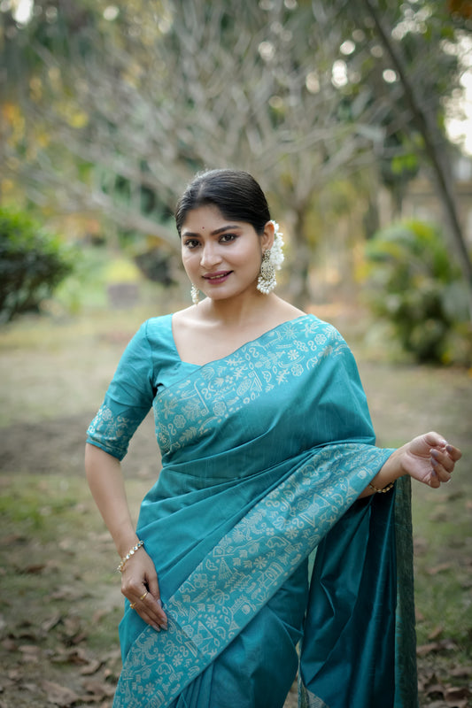 Blue Kalamkari Weaving Raw Silk Saree