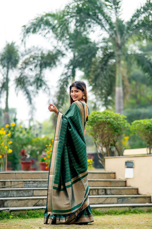 Dark Green Zari Work Soft Banarasi Silk Saree