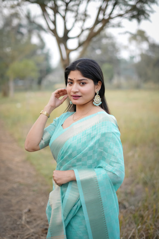 Powder Blue Zari Work Soft Kalyani Silk Saree