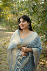 Blue Gala Border Pattern Raw Silk Saree