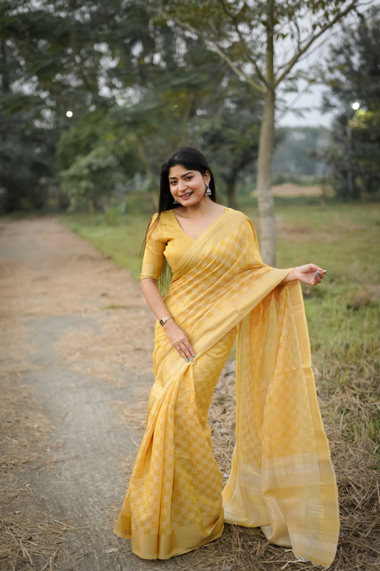 Mustard Yellow Zari Work Soft Kalyani Silk Saree