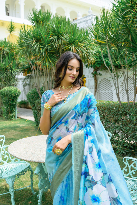 Powder Blue Floral Printed Soft Tussar Silk Saree