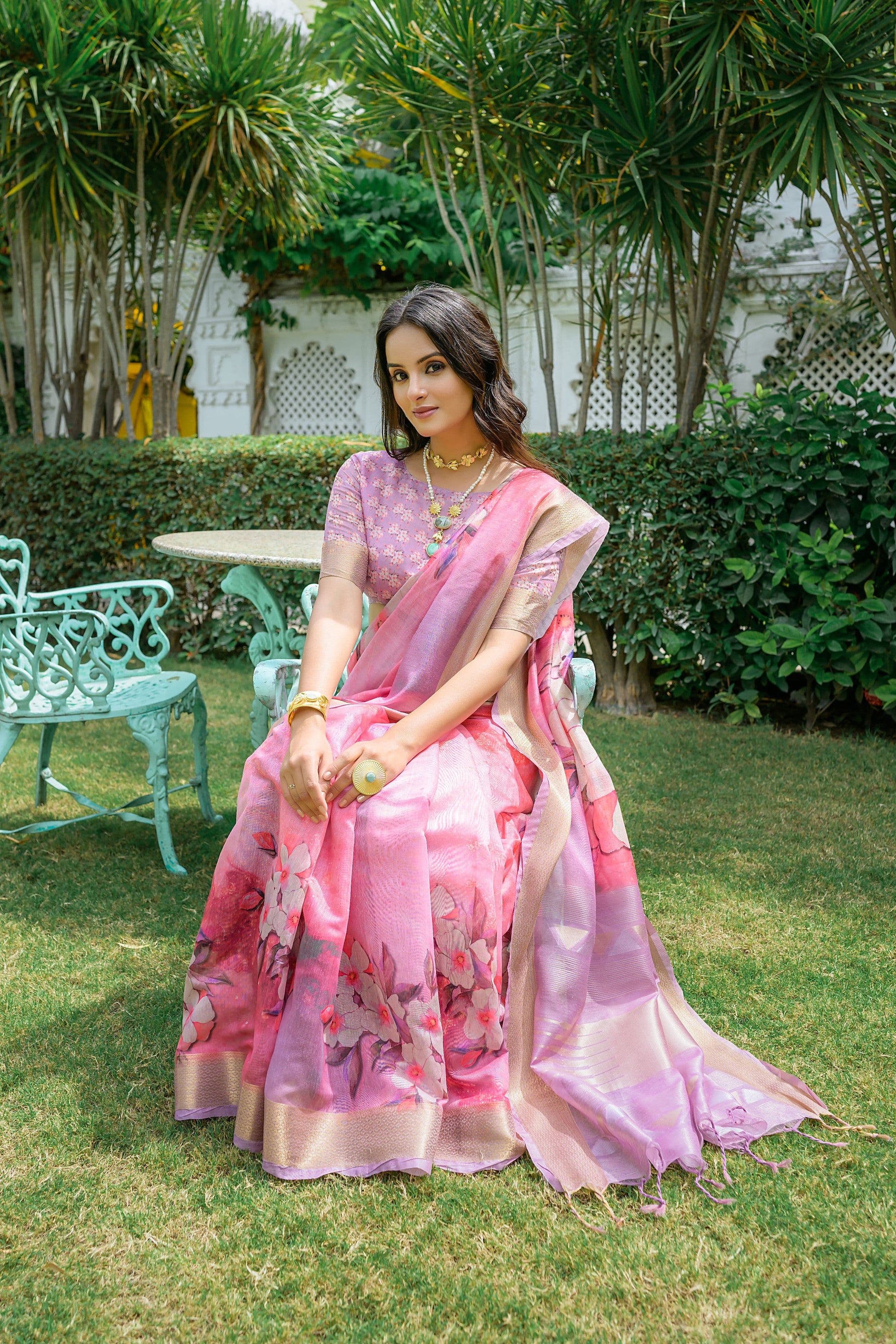 Lavender Floral Printed Soft Tussar Silk Saree