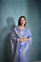 Dusky Blue Ikkat Or Zari Weaving Soft Khadi Raw Silk Saree