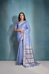 Dusky Blue Ikkat Or Zari Weaving Soft Khadi Raw Silk Saree