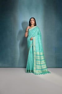 Light Teal Ikkat Or Zari Weaving Soft Khadi Raw Silk Saree