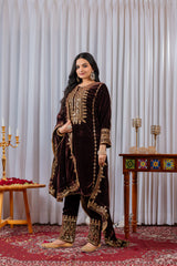 Brown Sequins Embroidery Viscose Velvet Suit
