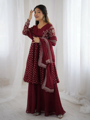 Maroon Embroidery Sequin Work Crunchy Silk Suit