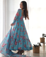 Sky Blue Floral Printed Fox Georgette Suit