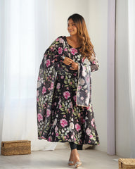 Black Floral Printed Organza Silk Suit