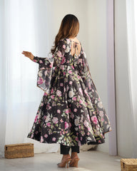 Black Floral Printed Organza Silk Suit