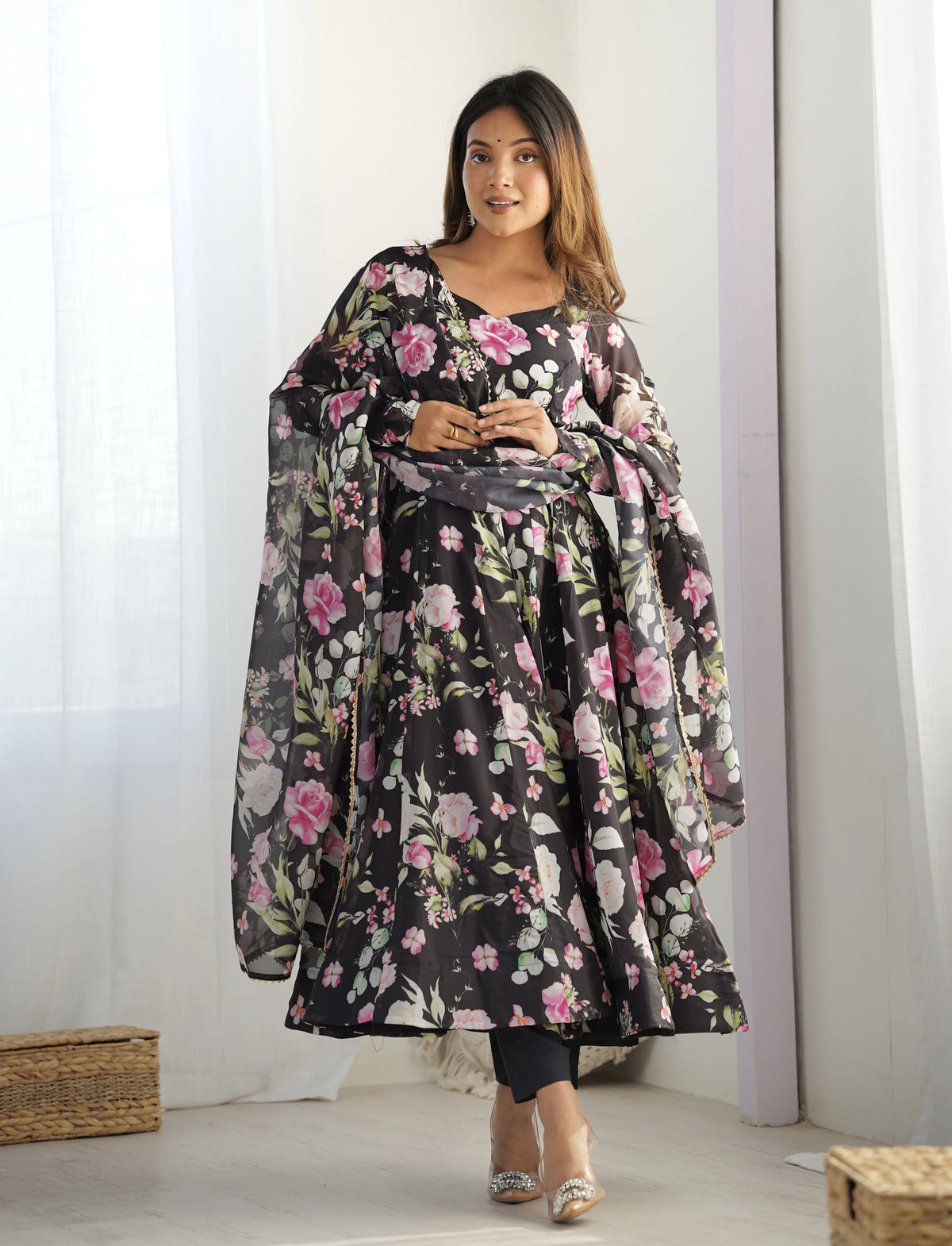 Black Floral Printed Organza Silk Suit