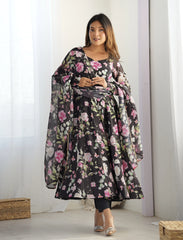 Black Floral Printed Organza Silk Suit