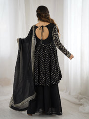 Black Embroidery Sequin Work Crunchy Silk Suit