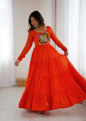 Orange Gamthi with Laheriya Print Fox Georgette Gown