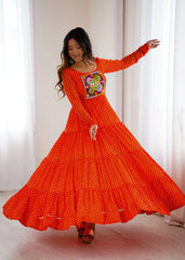 Orange Gamthi with Laheriya Print Fox Georgette Gown