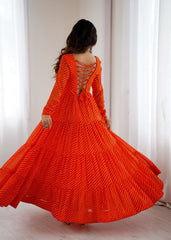 Orange Gamthi with Laheriya Print Fox Georgette Gown