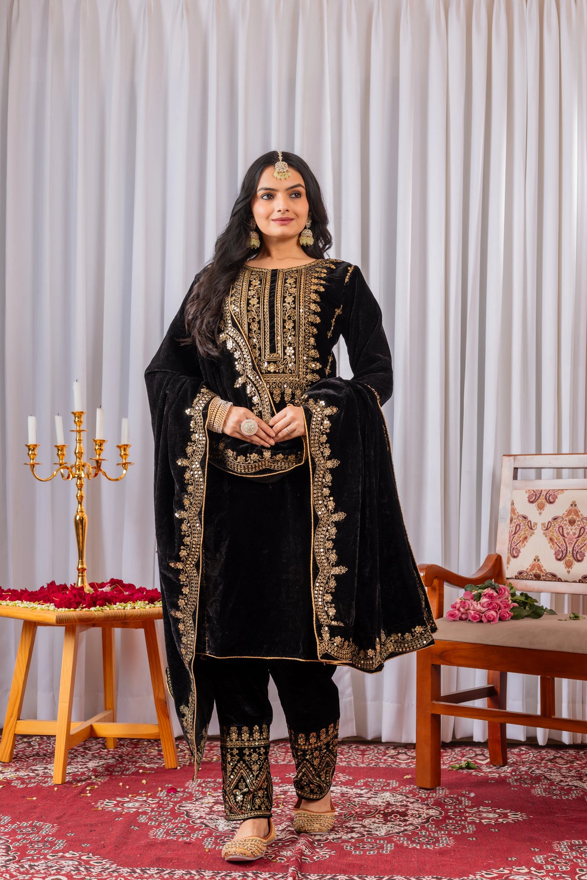 Black Sequins Embroidery Viscose Velvet Suit