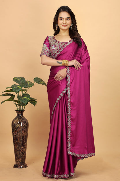 Japan Satin Saree with Coding Lace Work 