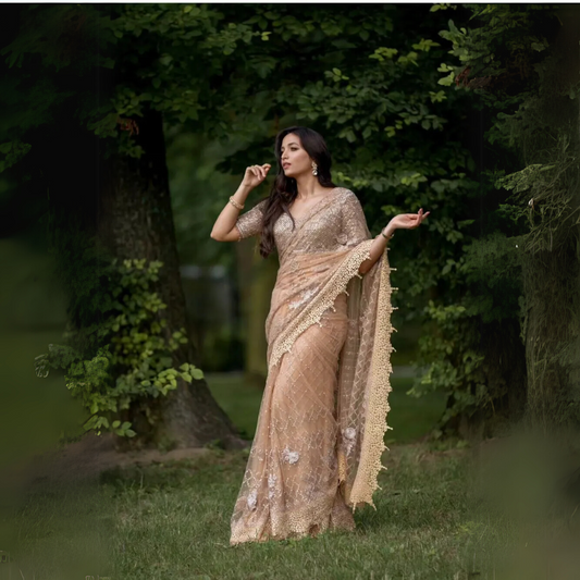 Elegant Soft Net Saree with Sequins Embroidery and Lace Border - Perfect for Traditional Occasions