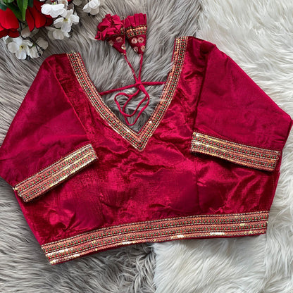 Luxury Red Velvet Ethnic Blouse with Stunning Tricot Fusing