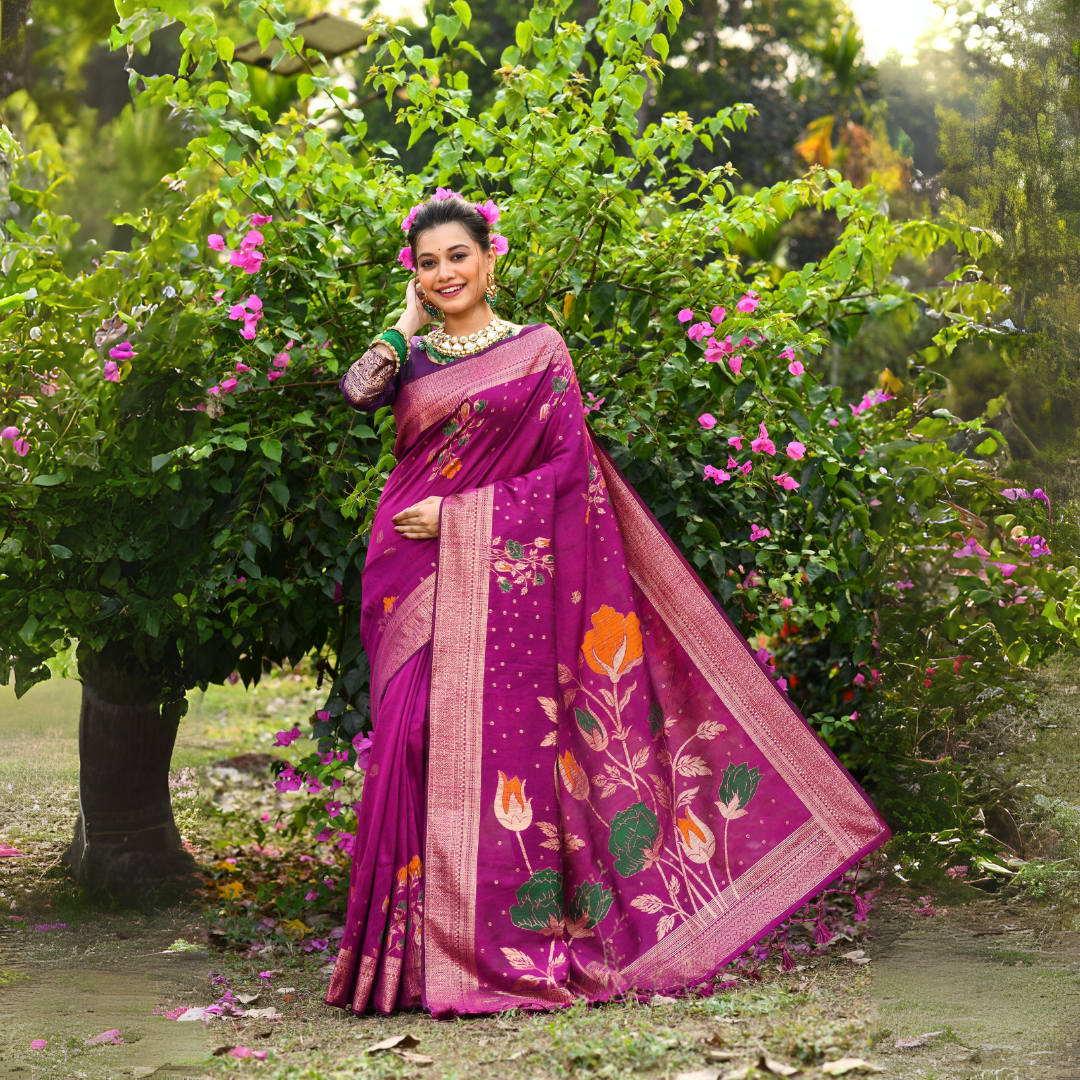 Elegant Desi Tussar Silk Saree with Zari Weaving and Colorful Meena Border