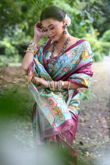 Woman wearing a mauve saree with vibrant Madhubani-inspired floral print border and pallu, paired with a matching blouse and traditional jewelry, standing gracefully on a garden pathway surrounded by lush green trees and foliage.