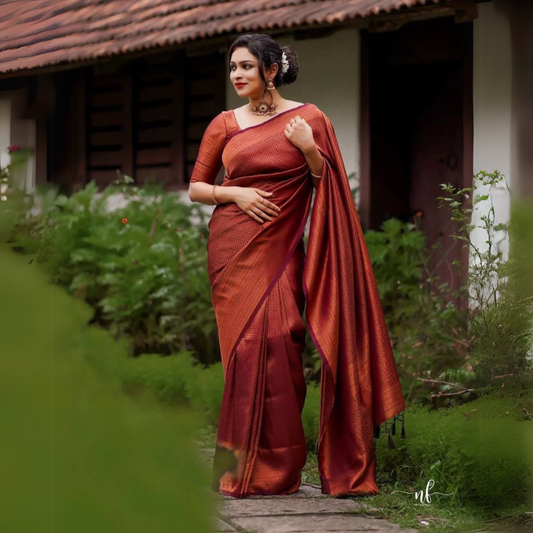 Maroon Soft Lichi Silk Saree with Rich Pallu & All-Over Jacquard Work