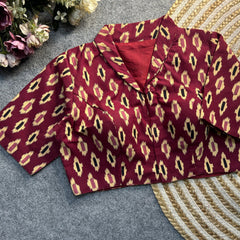 Maroon Ajrakh Print Cotton Blouse with intricate handcrafted patterns, blending tradition and elegance for a perfect cultural and festive look.