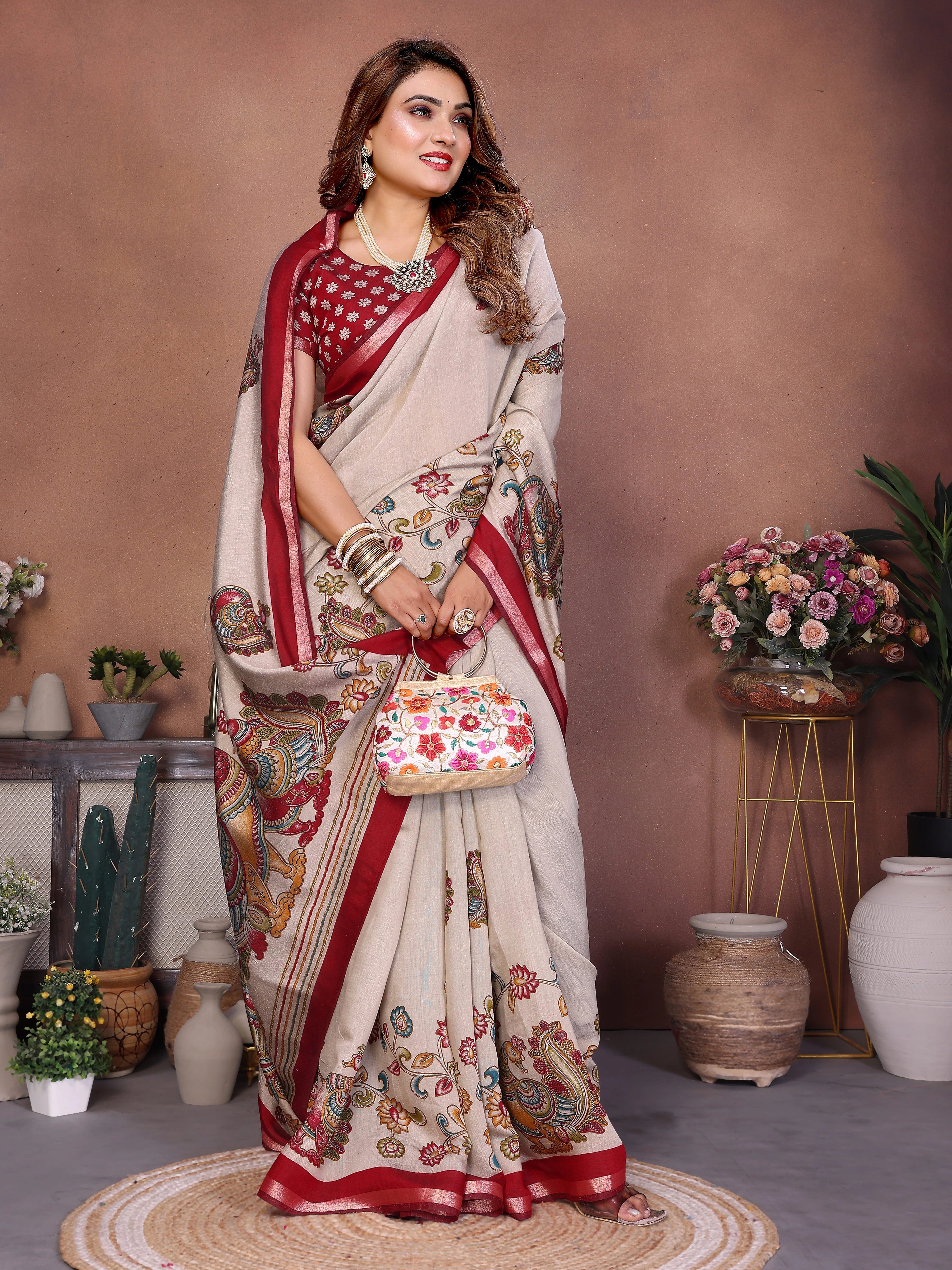 Woman in a traditional saree with a floral background