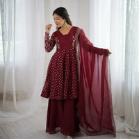 Maroon Embroidery Sequin Work Crunchy Silk Suit