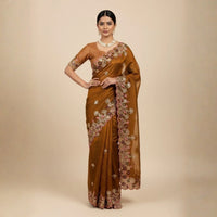Mustard Yellow Embroidery Work Soft Fendy Chiffon Saree