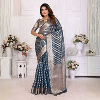 Navy Blue Gold Zari Weaving Soft Organza Banarasi Silk Saree