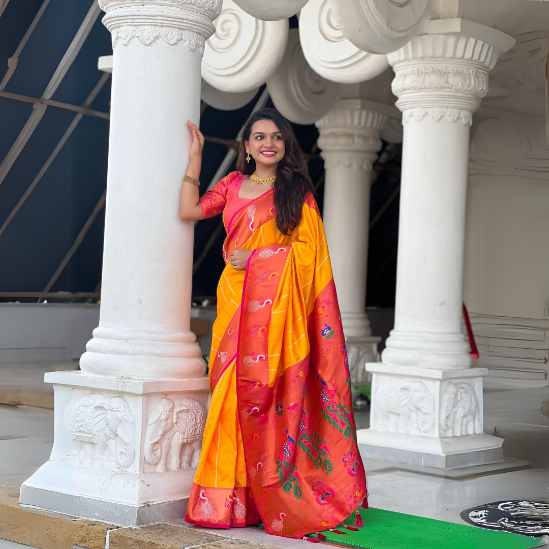 Elegant Soft Pethani Silk Saree with Zari and Meenakari Weaving - Rich Pallu & Peacock Border