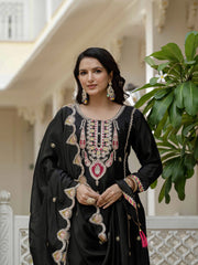 Black Embroidery Sequin Work Chinon Silk Suit