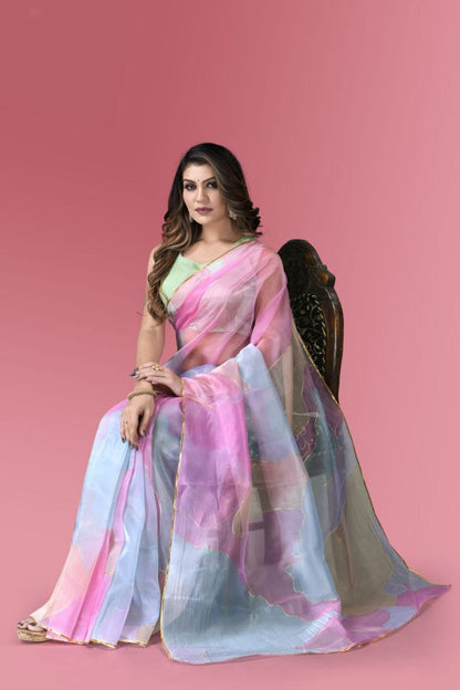 Pastel Organza Saree with Sequins Lace & Foil Work – Ideal for Ethnic