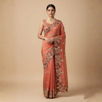 Peach Embroidery Work Soft Fendy Chiffon Saree