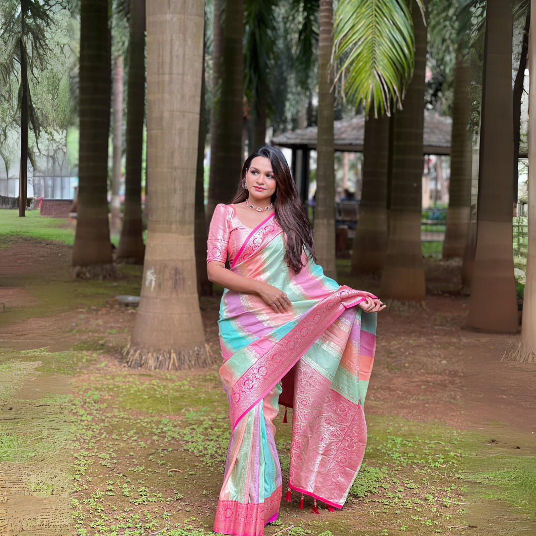 Elegant Multicolor Banarasi Silk Saree with Zari Weaving and Rich Pallu