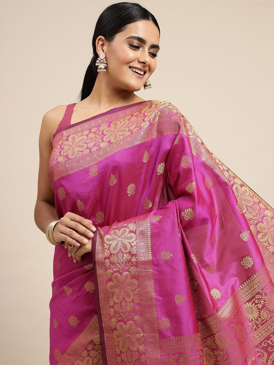 Pink Soft Lichi Silk Saree with Stunning Golden Pallu & All-Over