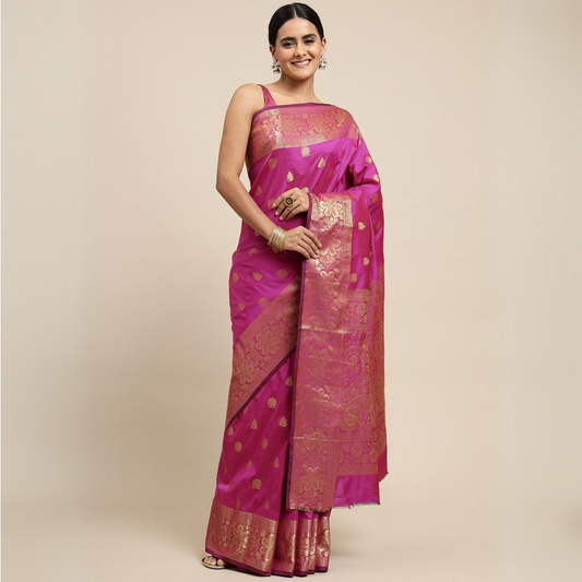 Pink Soft Lichi Silk Saree with Stunning Golden Pallu & All-Over