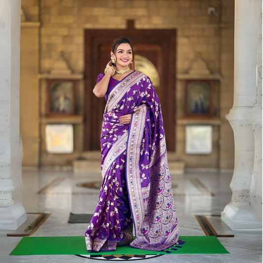 Elegant Soft Banarasi Silk Saree with Zari Weaving and Meenakari Design