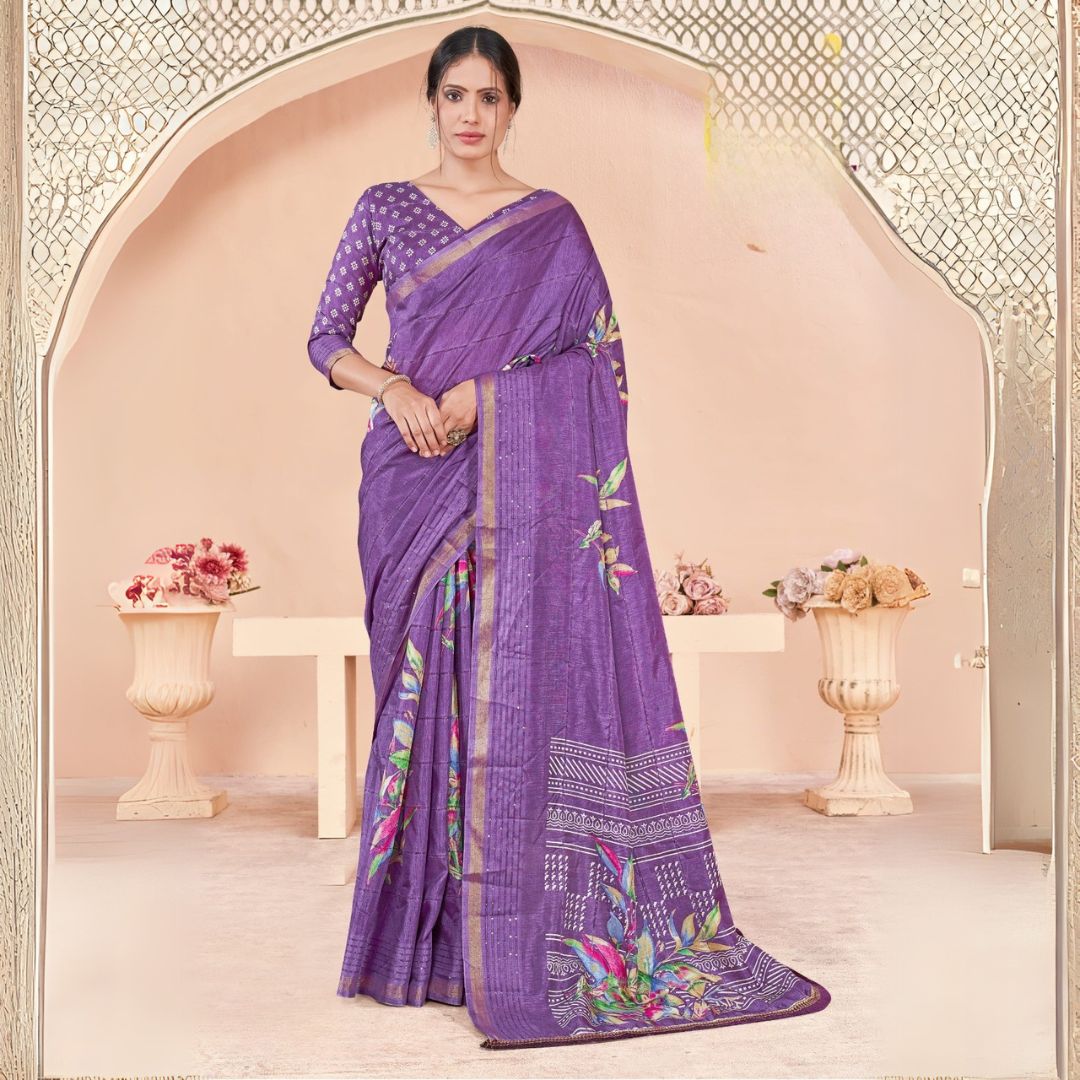 Woman in a purple sequence jacquard work saree with floral motifs standing indoors in a sophisticated room with arched decor and floral vases