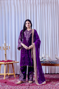 Purple Sequins Embroidery Work Viscose Velvet Suit