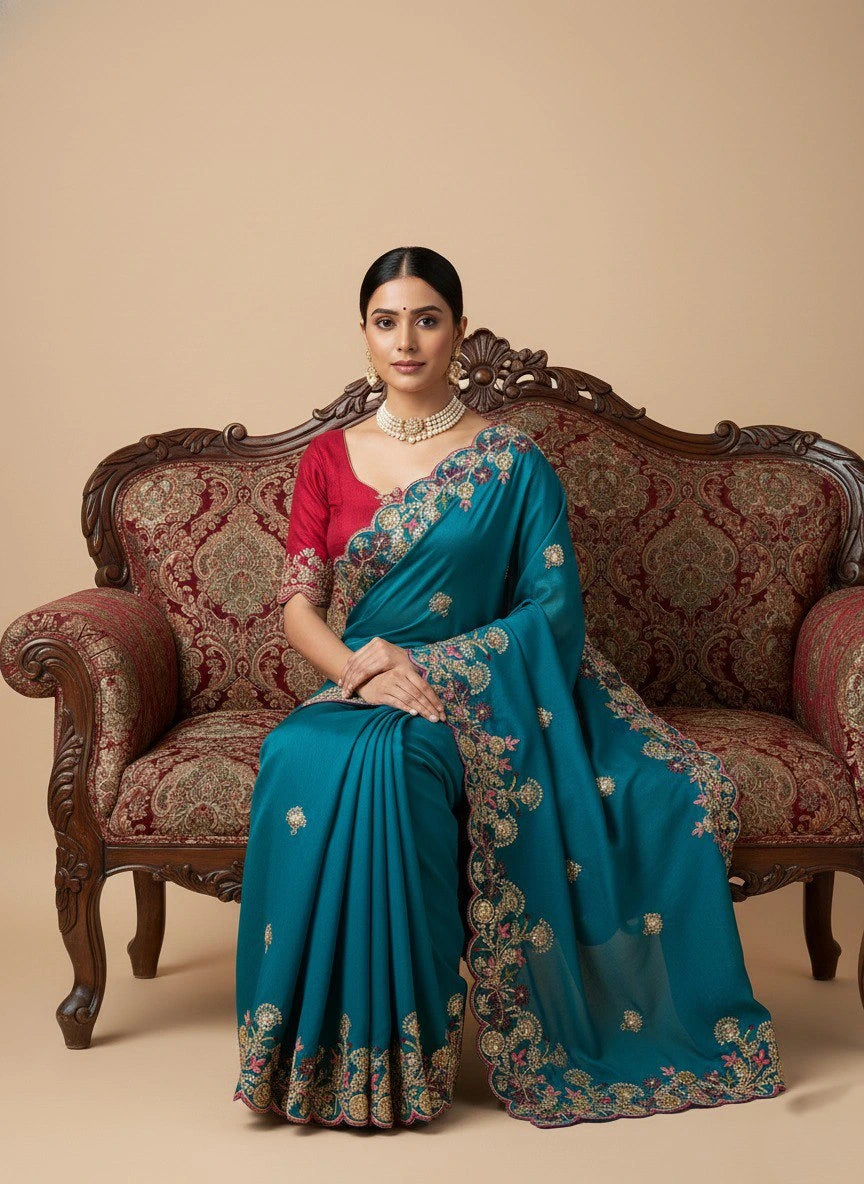 Woman in a blue saree sitting on an ornate couch with a beige background