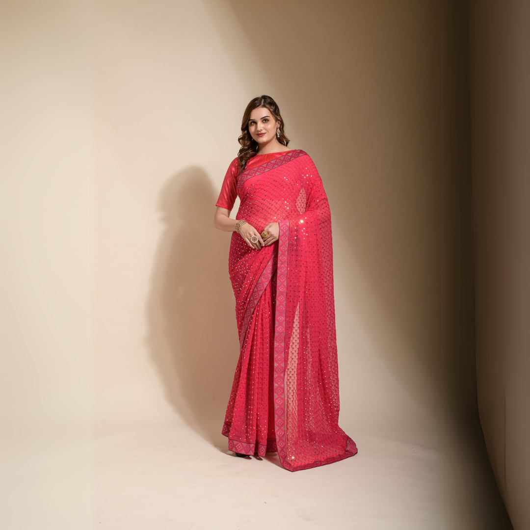 Elegant Georgette Saree with Sequence Embroidery and Fancy Lace Border