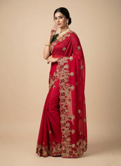 Red Embroidery Work Soft Fendy Chiffon Saree