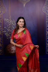 Woman in a red saree with colorful patterns against a dark blue background