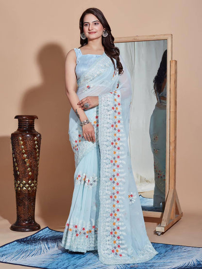 Sky Blue Embroidered Georgette Saree for Women