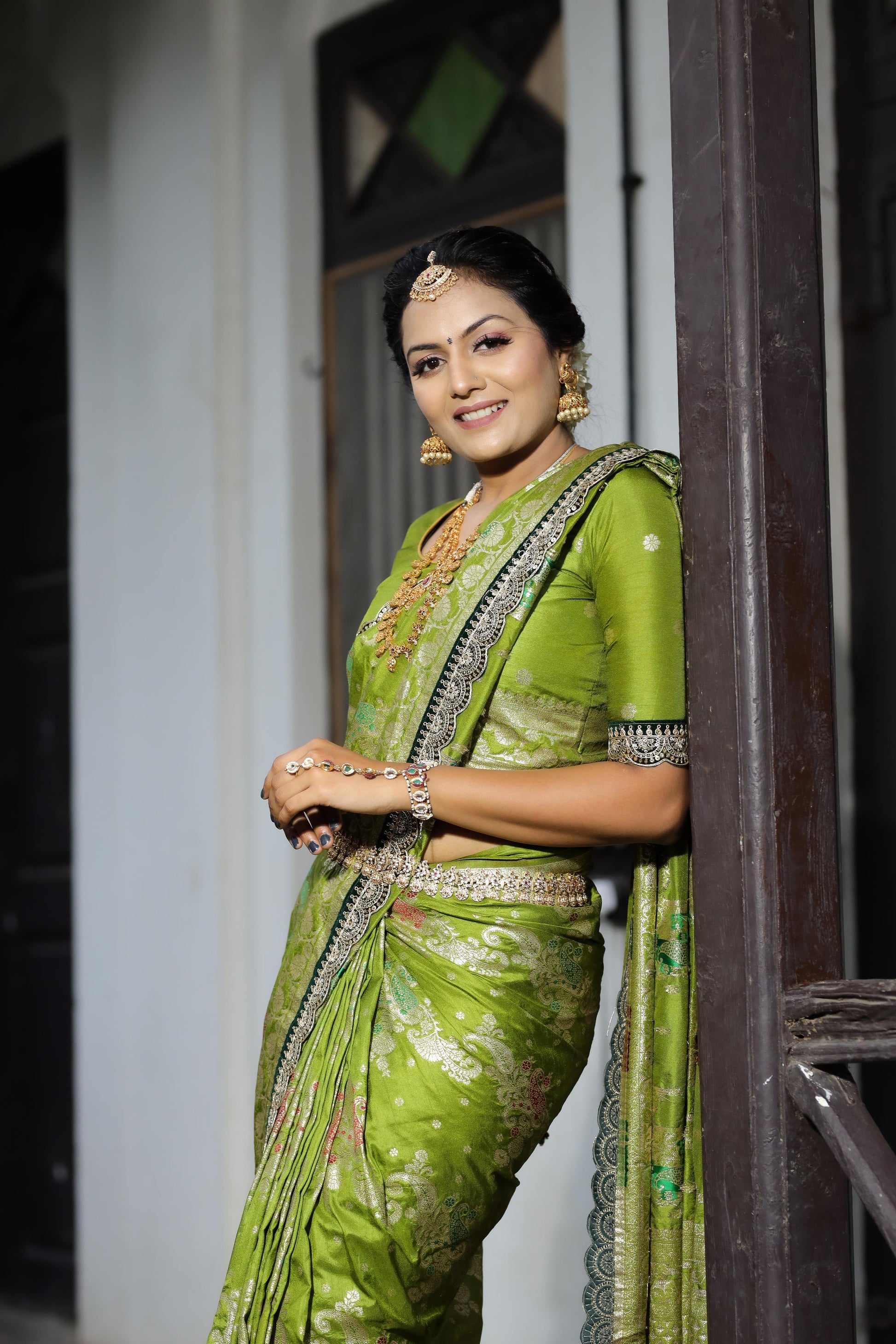 Soft Dola Silk Ethnic Saree in Green with Designer Mult stitched Border 